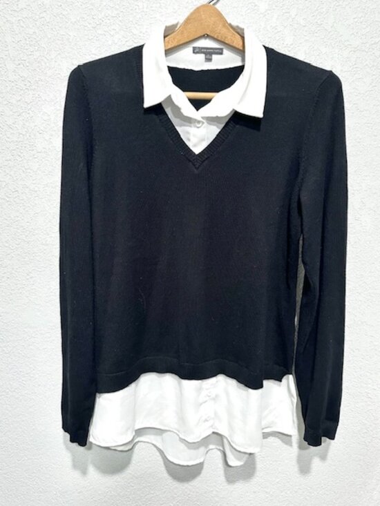 Adrianna Papell Sweaters - Adrianna Papell Womens Twofer Sweater Collared Long Sleeve Black & White Size L